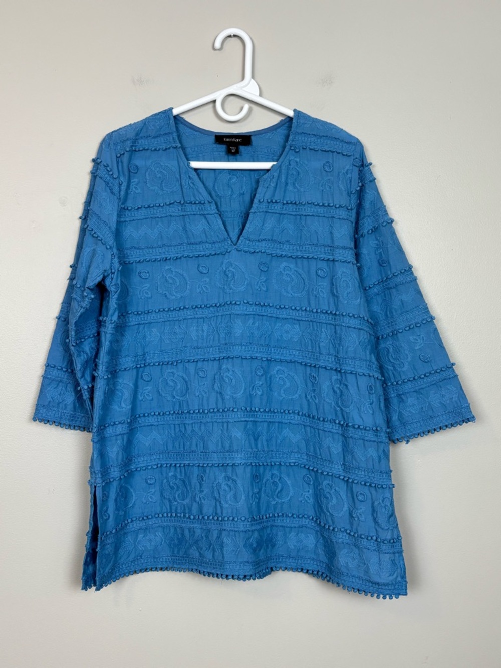 Karen Kane Top Womens SP Embroidered Cotton Pullover Tunic 3/4 Sleeve‎ in Blue